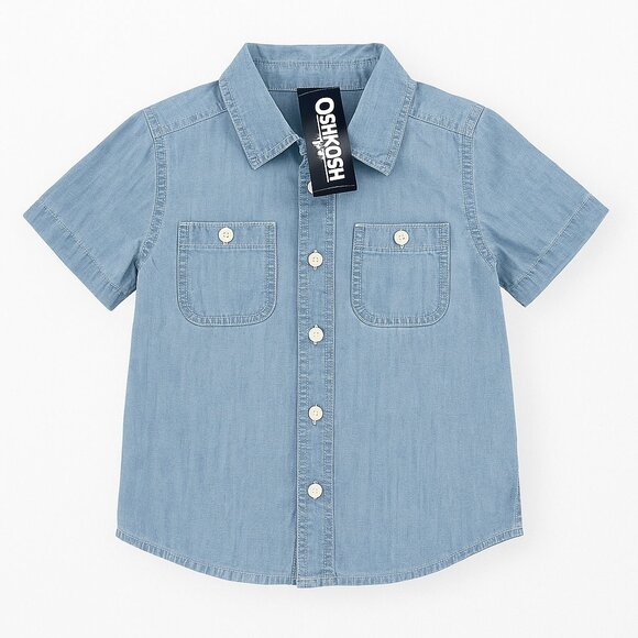 🍁3/$10 OshKosh Boys Chambray Denim Button Up Shirt Size 5T Short Sleeve Casual - Picture 1 of 10